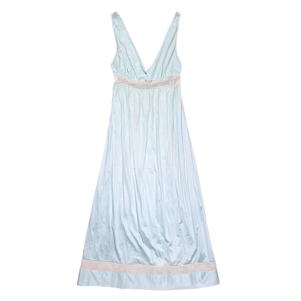 Vintage Val Mode Light Blue Nylon Lace Empire Waist Maxi Nightgown Medium
